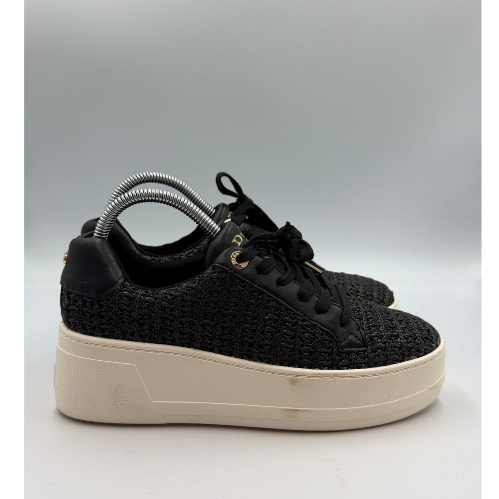 Dune London Women's Black Woven Raffia Platform Sneakers Gold Hardware US 8